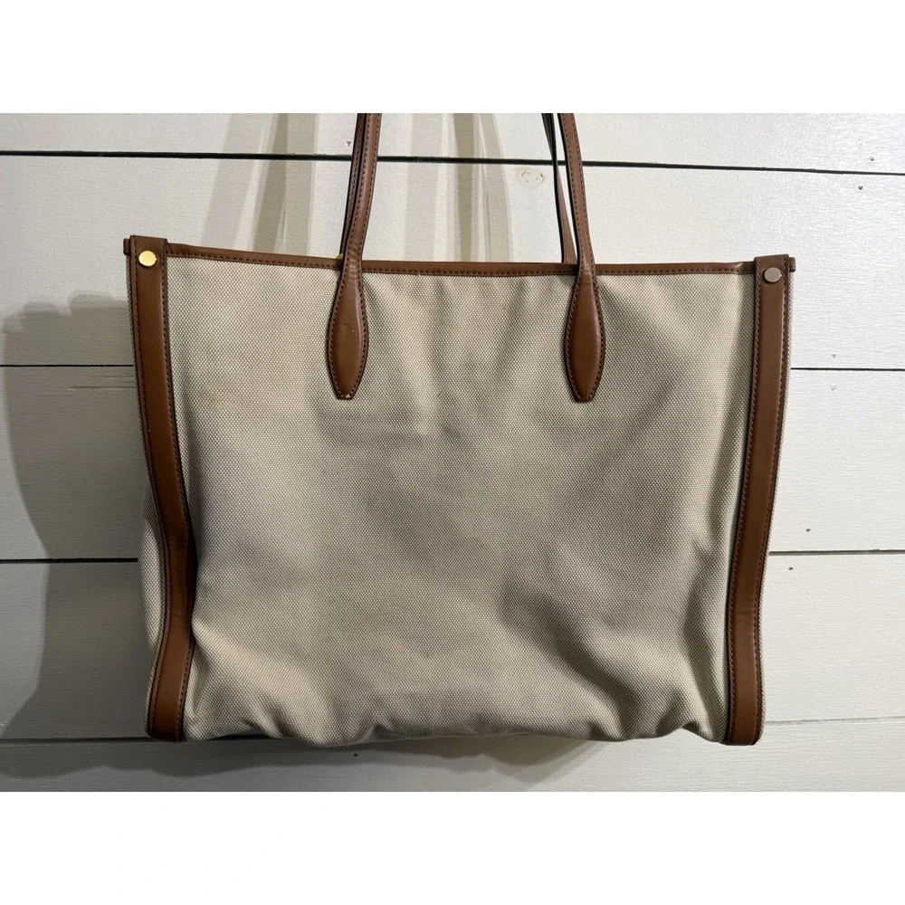 Kate Spade NY Large Market Tote Bag Beige Canvas,‎ Brown Leather Yellow